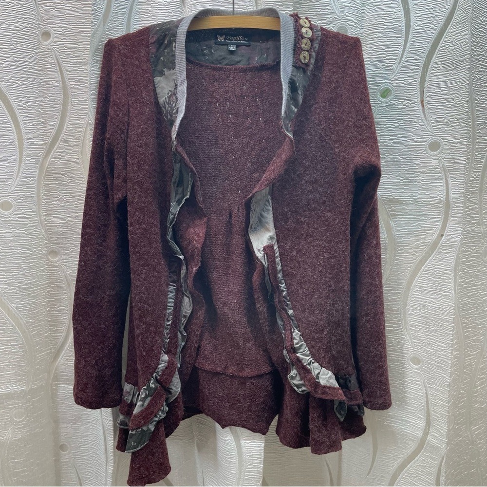 Papillon Cardigan Womens Large‎ Burgundy Ruffle Trim Mixed Media Boho Open Front